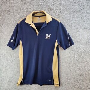 Majestic Polo Shirt Men Medium Navy Blue Milwaukee Brewers Short Sleeve Pullover